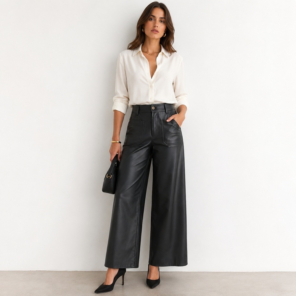 New Faux Leather Wide Leg Pants Womens Large Black High Waist Career Casual Chic